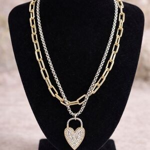 14k and silver double link and rope necklace with pave heart locket